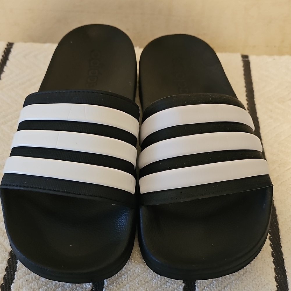 Adidas Black and White Striped Slides